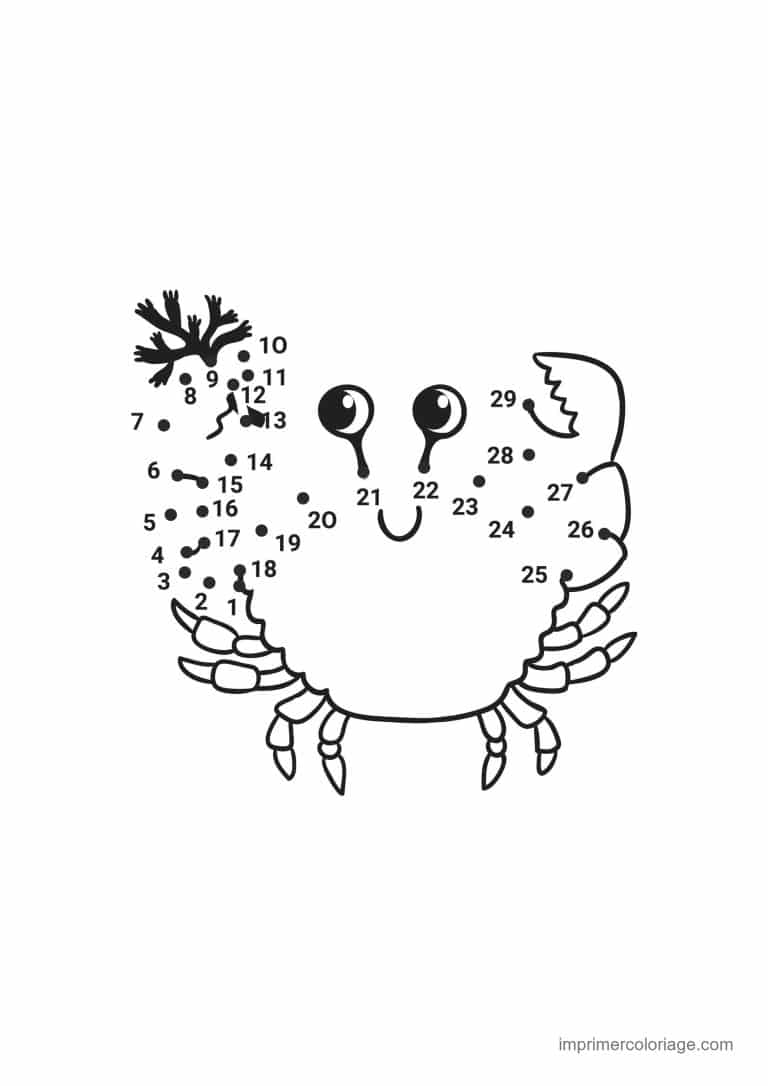 point a relier animal de la mer 1 a 29 crabe souriant - dessin gratuit &agrave; imprimer