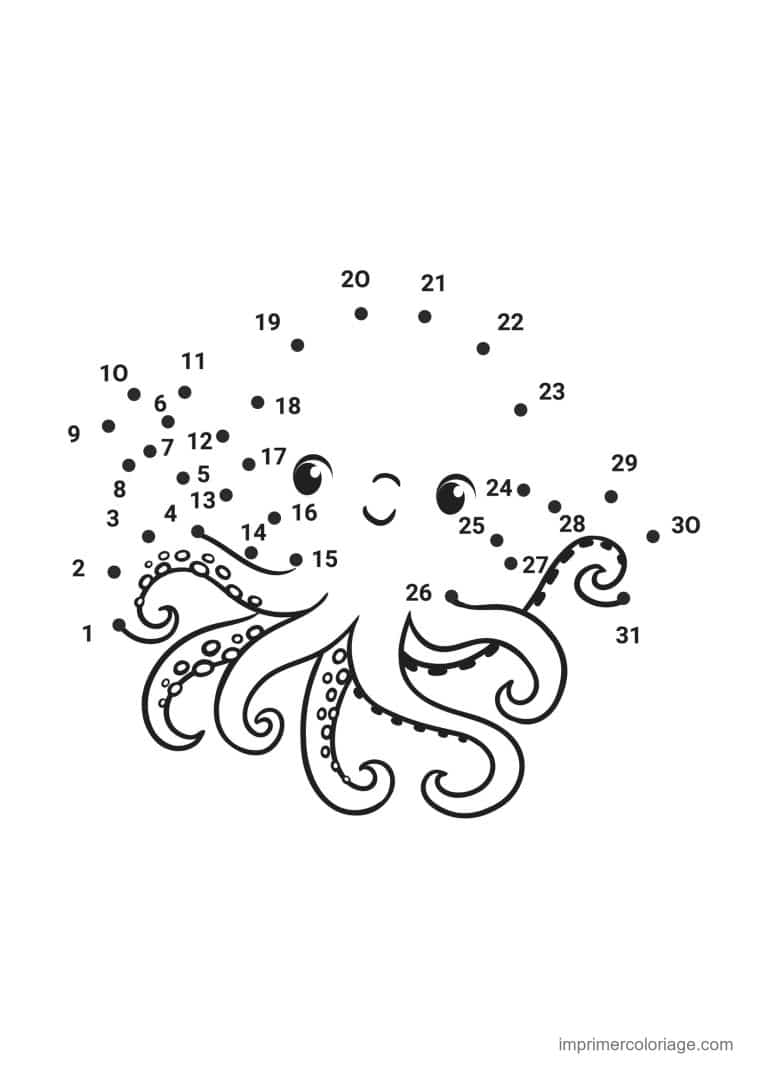 point a relier animal de la mer 1 a 31 pieuvre aux longs tentacules - dessin gratuit &agrave; imprimer