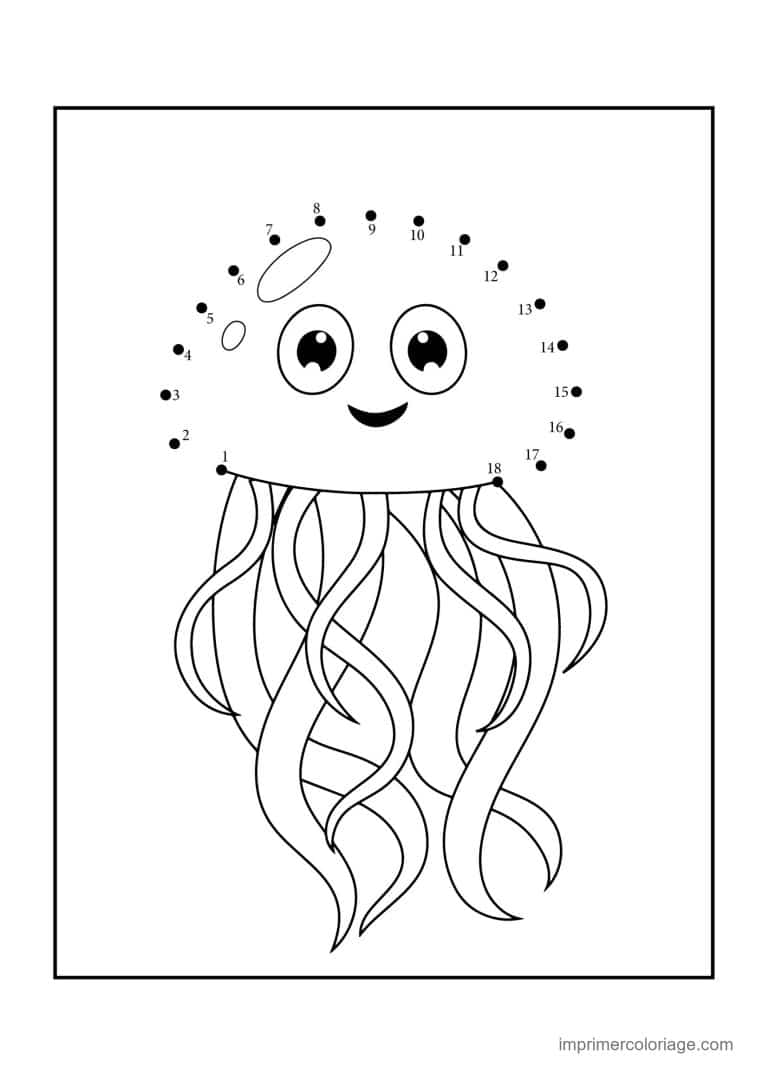 point a relier animal de la mer 1 a 49 meduse aux longs tentacules - dessin gratuit &agrave; imprimer