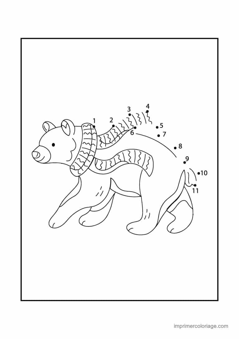 point a relier animal sauvage 1 a 11 ours avec echarpe - dessin gratuit &agrave; imprimer