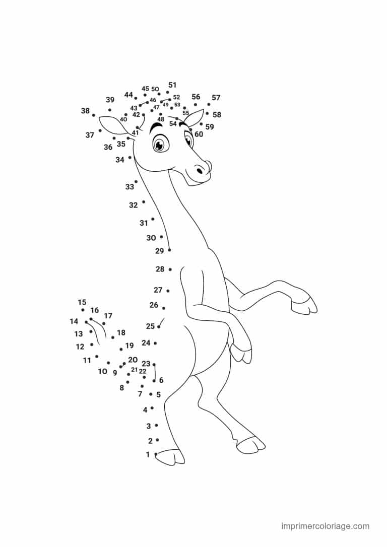 point a relier animal sauvage 1 a 60 girafe qui leve la patte - dessin gratuit &agrave; imprimer