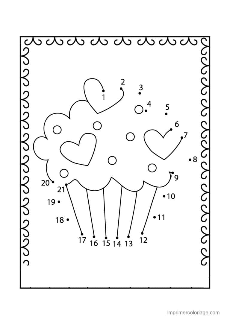 point a relier cp 1 a 21 cupcake avec des coeurs - dessin gratuit &agrave; imprimer