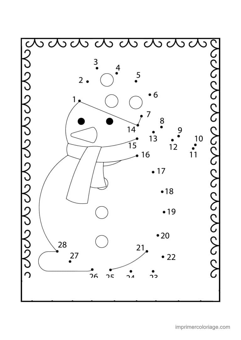 point a relier cp 1 a 28 bonhomme de neige a l echarpe - dessin gratuit &agrave; imprimer