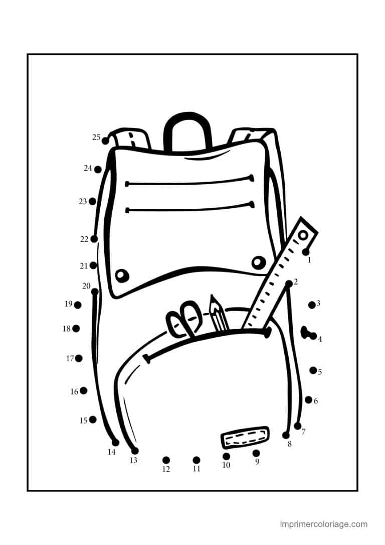 point a relier ecole 1 a 25 sac a dos avec fournitures - dessin gratuit &agrave; imprimer