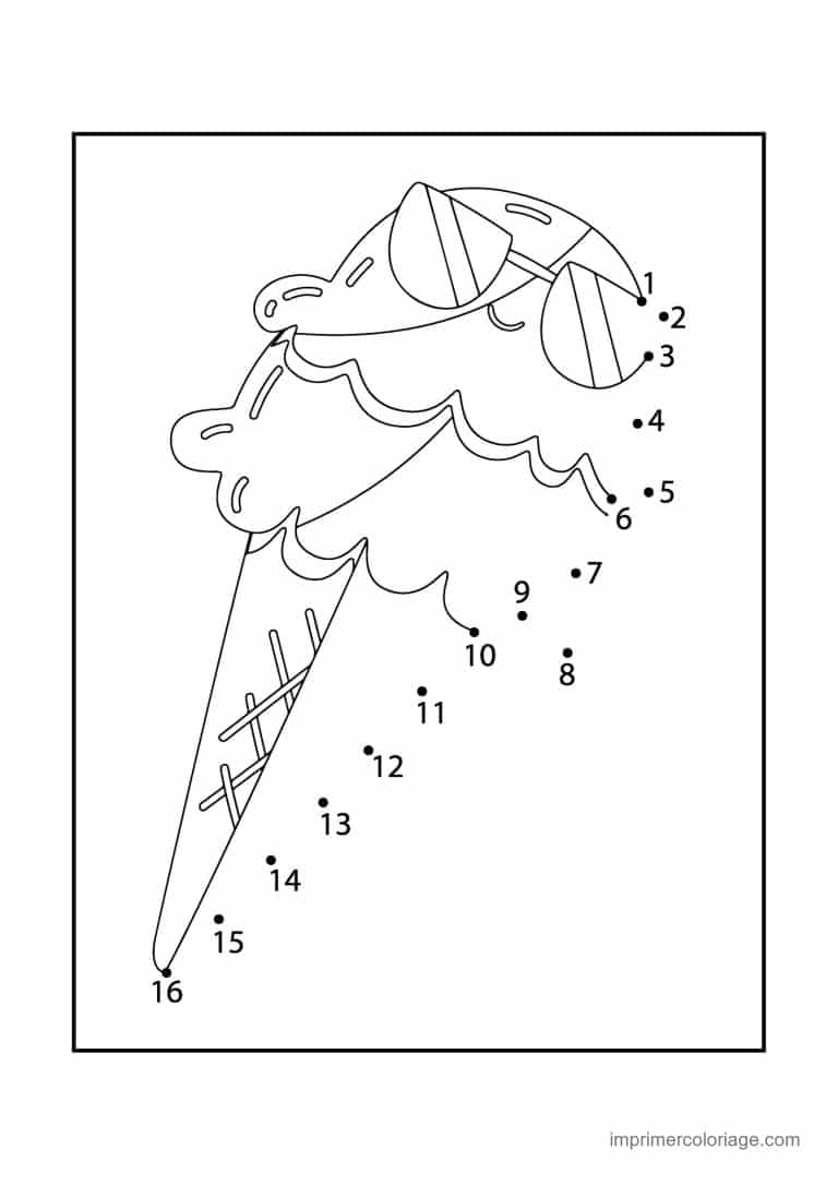point a relier enfant 1 a 16 cornet de glace avec parasol - dessin gratuit &agrave; imprimer
