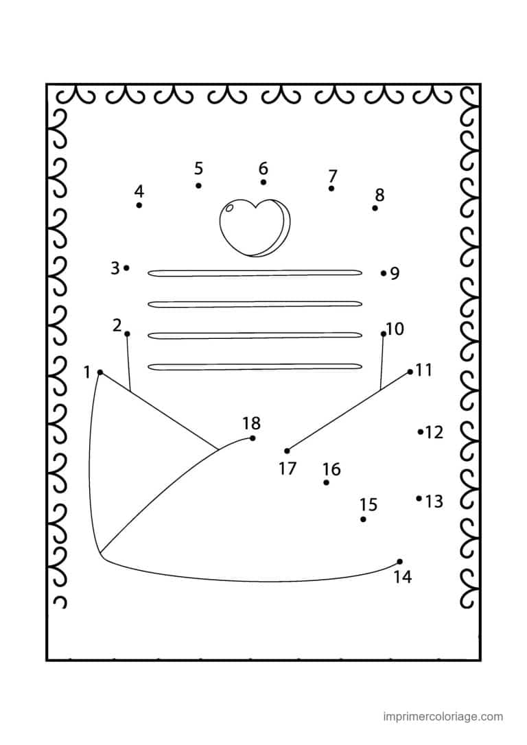 point a relier enfant 1 a 18 enveloppe avec un coeur - dessin gratuit &agrave; imprimer