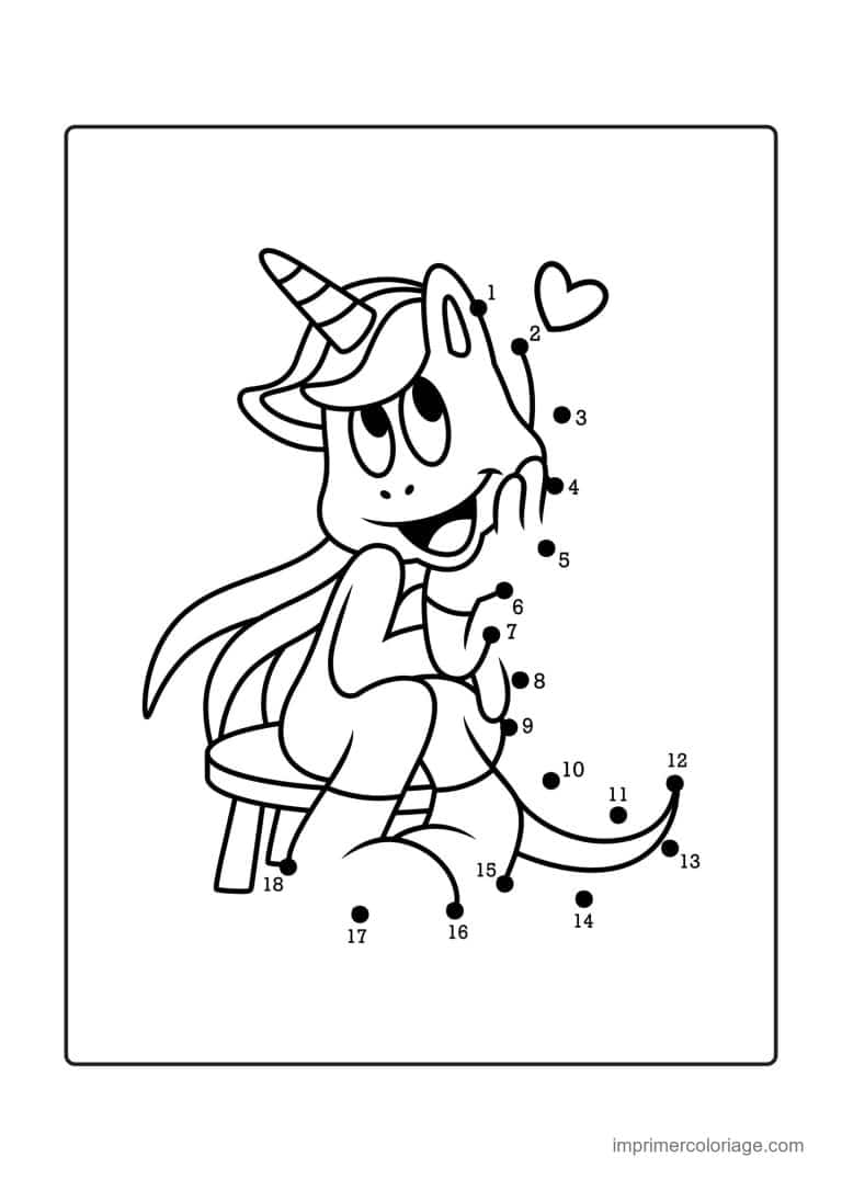 point a relier enfant 1 a 18 licorne assise sur un tabouret - dessin gratuit &agrave; imprimer