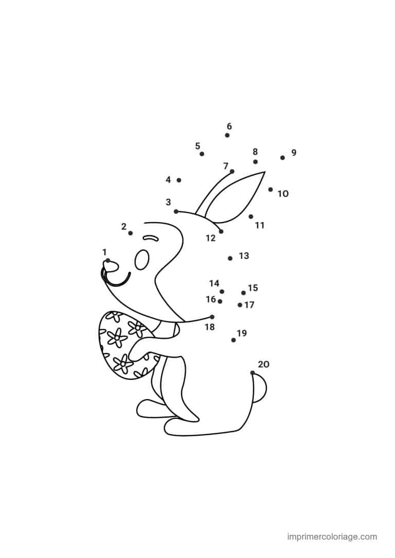 point a relier enfant 1 a 20 lapin avec un oeuf fleuri - dessin gratuit &agrave; imprimer