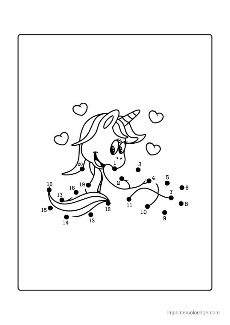 point a relier enfant 1 a 20 licorne entouree de coeurs - dessin gratuit &agrave; imprimer