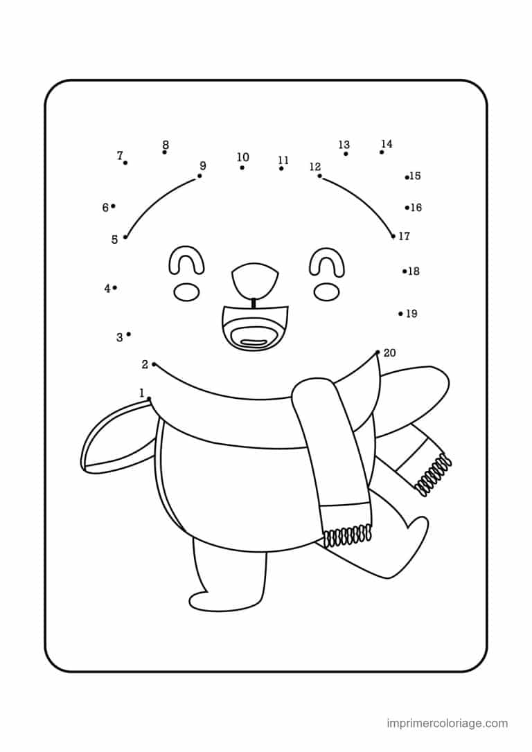 point a relier enfant 1 a 20 ours polaire avec echarpe - dessin gratuit &agrave; imprimer