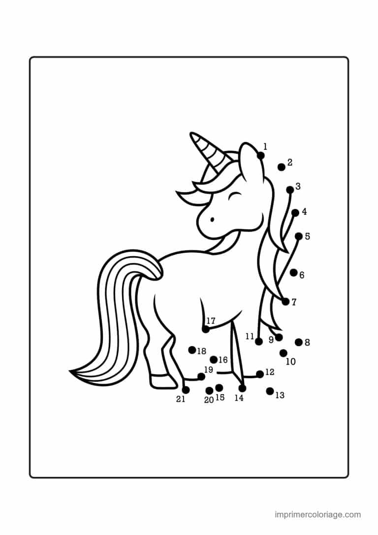 point a relier enfant 1 a 21 licorne a la longue criniere - dessin gratuit &agrave; imprimer