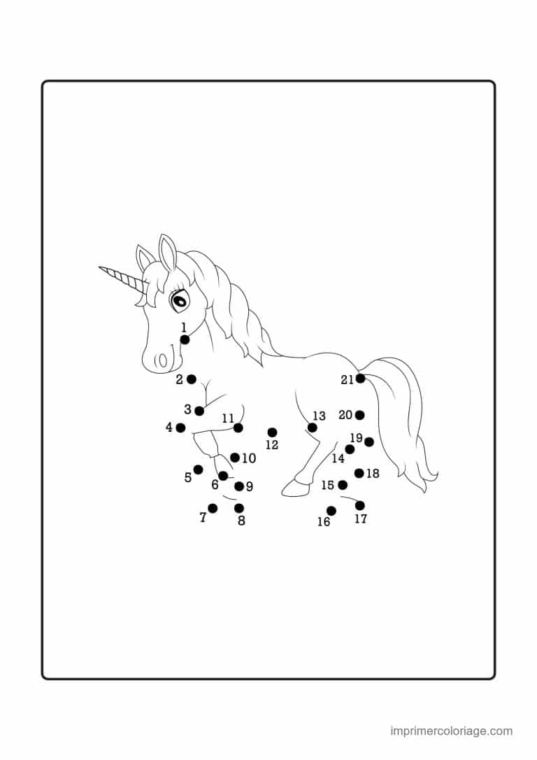 point a relier enfant 1 a 21 licorne a la queue fournie - dessin gratuit &agrave; imprimer