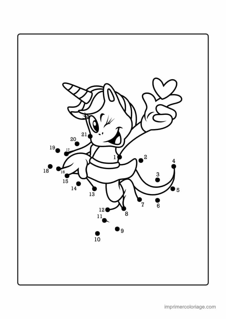 point a relier enfant 1 a 21 licorne qui fait un clin d oeil - dessin gratuit &agrave; imprimer