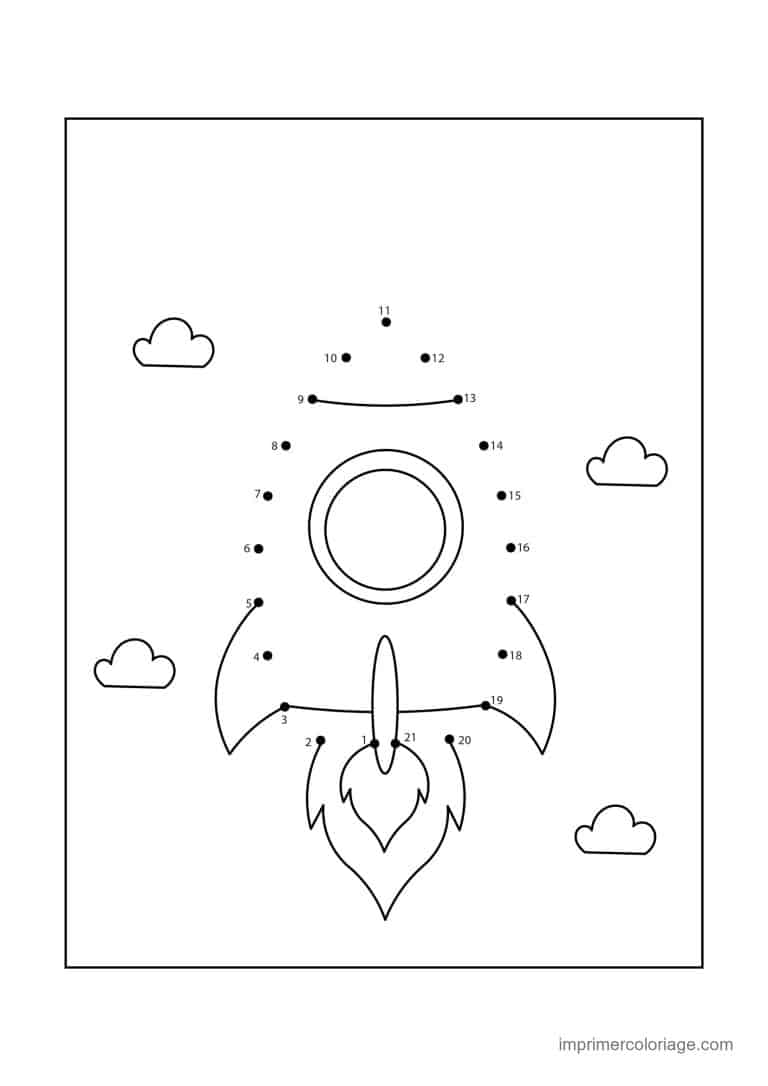 point a relier espace 1 a 21 fusee dans les nuages - dessin gratuit &agrave; imprimer