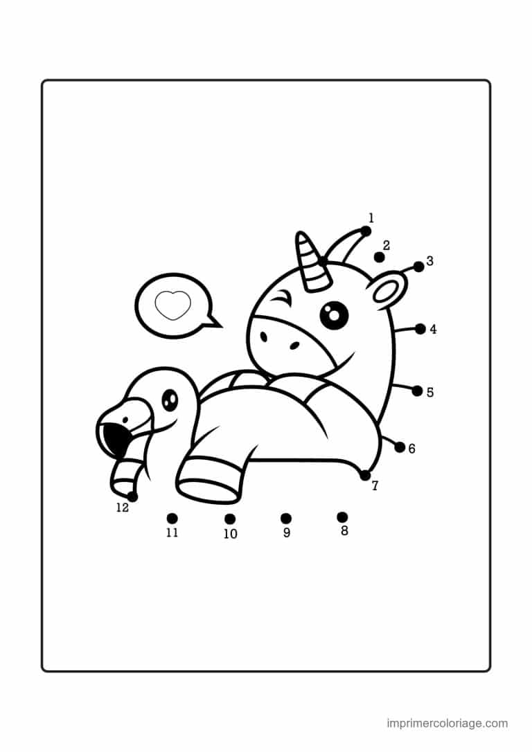 point a relier facile 1 a 12 licorne avec une bulle coeur - dessin gratuit &agrave; imprimer