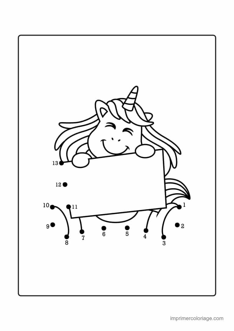point a relier facile 1 a 13 licorne avec une pancarte - dessin gratuit &agrave; imprimer