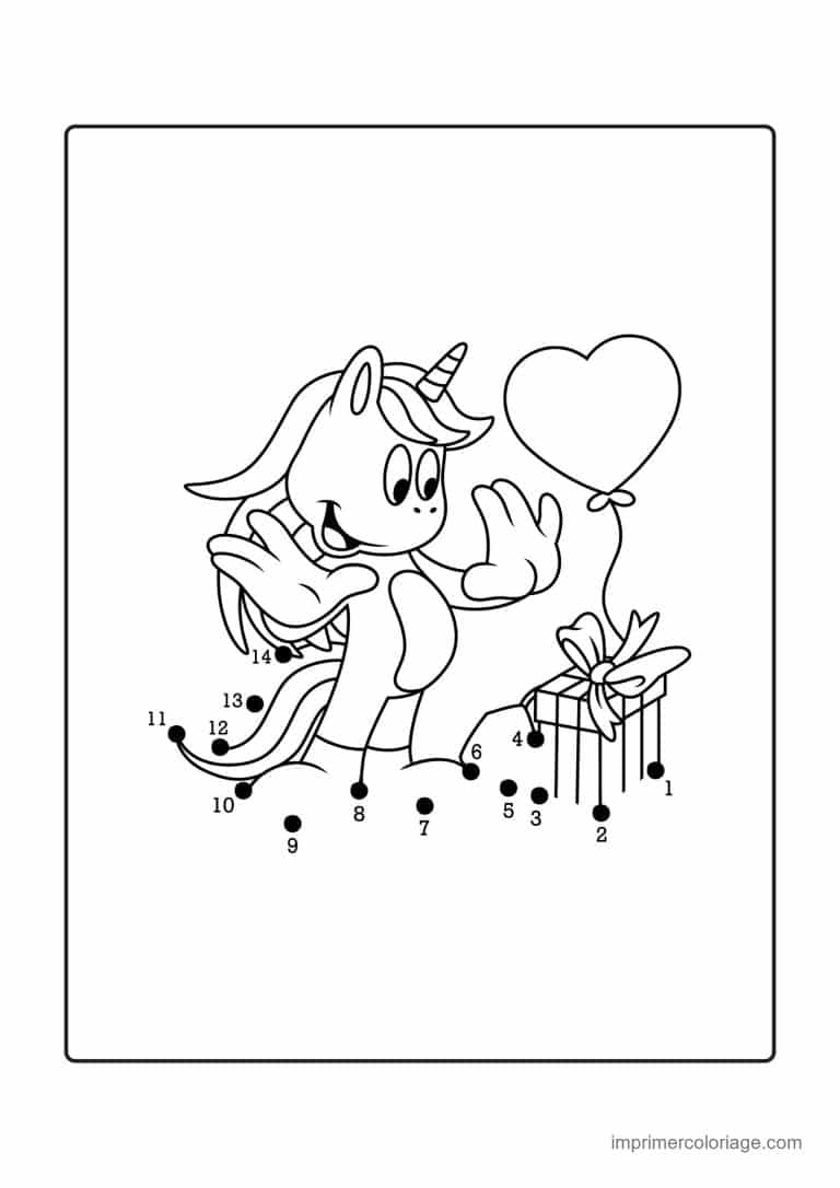 point a relier facile 1 a 14 licorne avec ballon et cadeau - dessin gratuit &agrave; imprimer