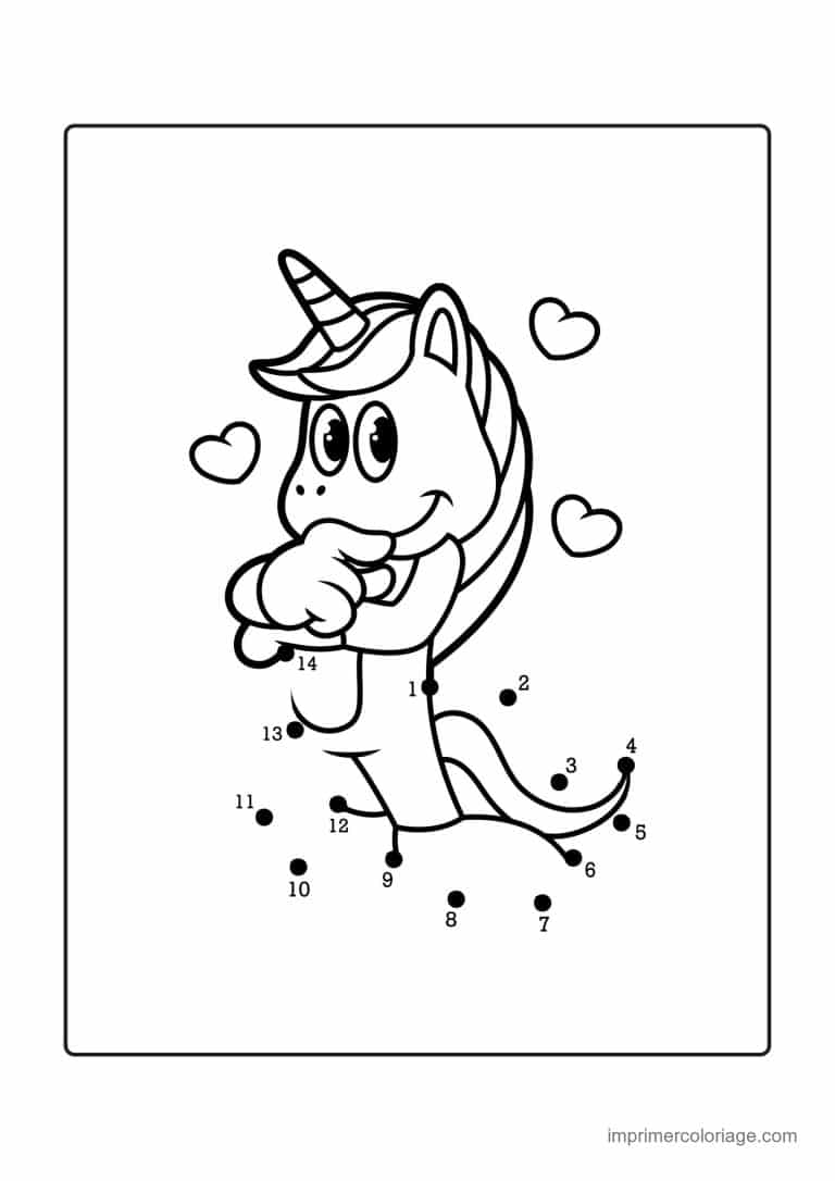 point a relier facile 1 a 14 licorne avec des coeurs - dessin gratuit &agrave; imprimer