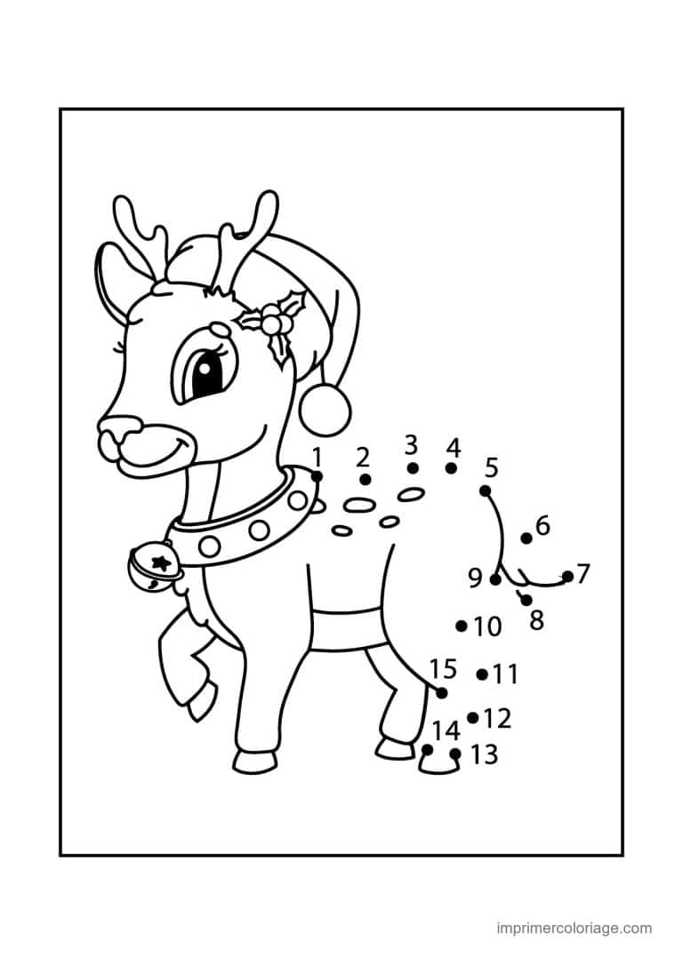 point a relier facile 1 a 15 renne avec bonnet et grelot - dessin gratuit &agrave; imprimer