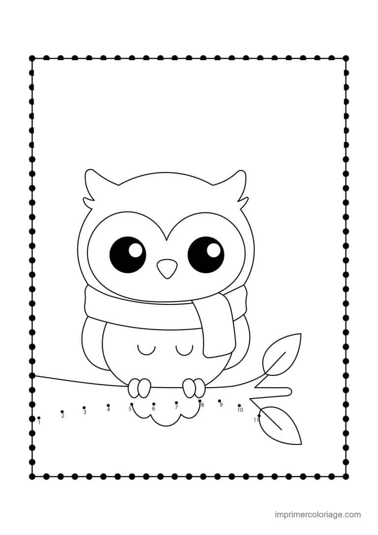point a relier grande section 1 a 11 hibou en echarpe - dessin gratuit &agrave; imprimer