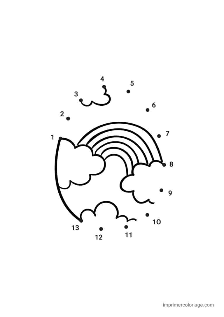point a relier grande section 1 a 13 arc en ciel avec nuages - dessin gratuit &agrave; imprimer