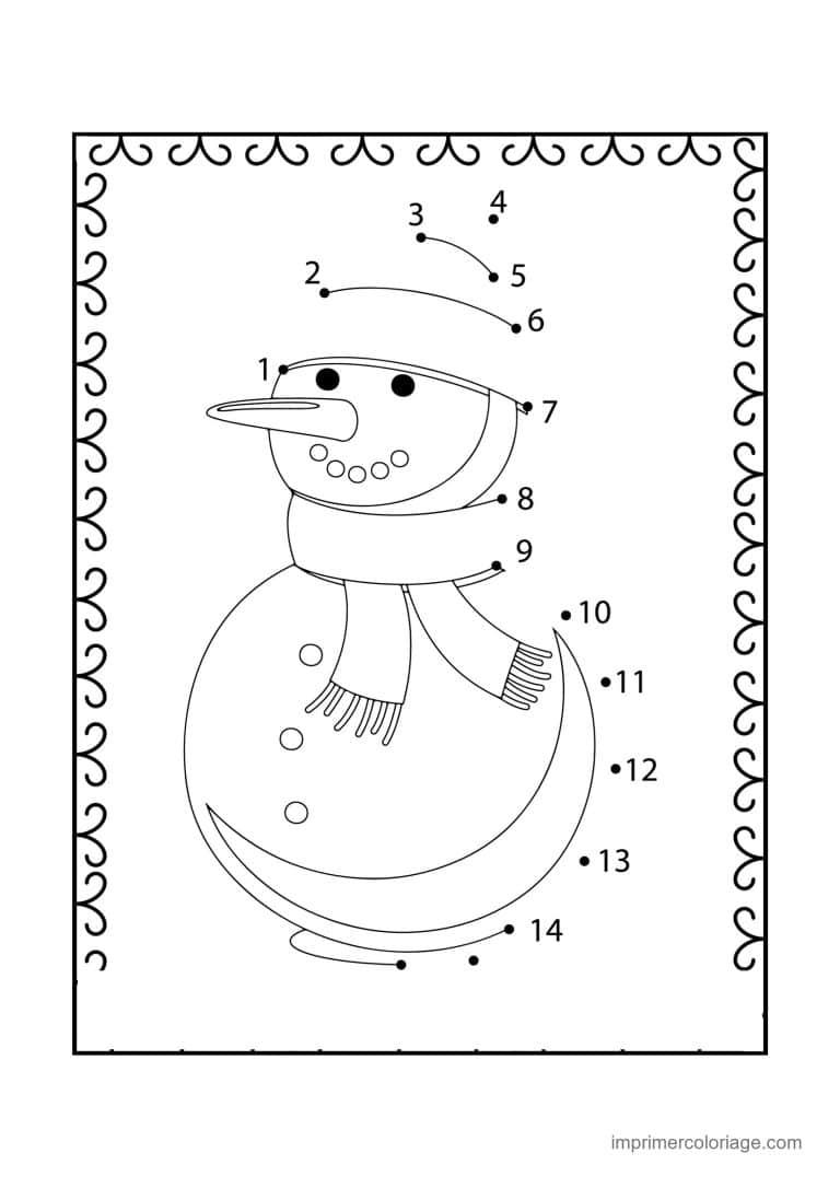 point a relier grande section 1 a 16 bonhomme de neige en echarpe - dessin gratuit &agrave; imprimer