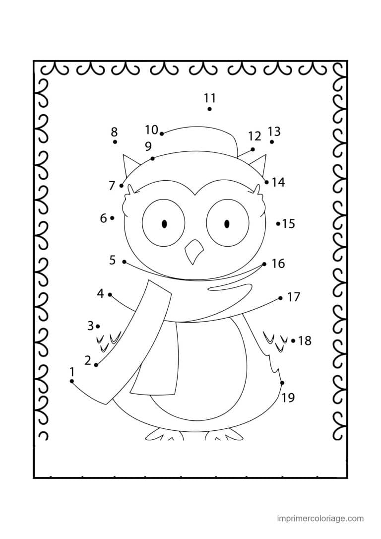 point a relier grande section 1 a 19 hibou en echarpe - dessin gratuit &agrave; imprimer