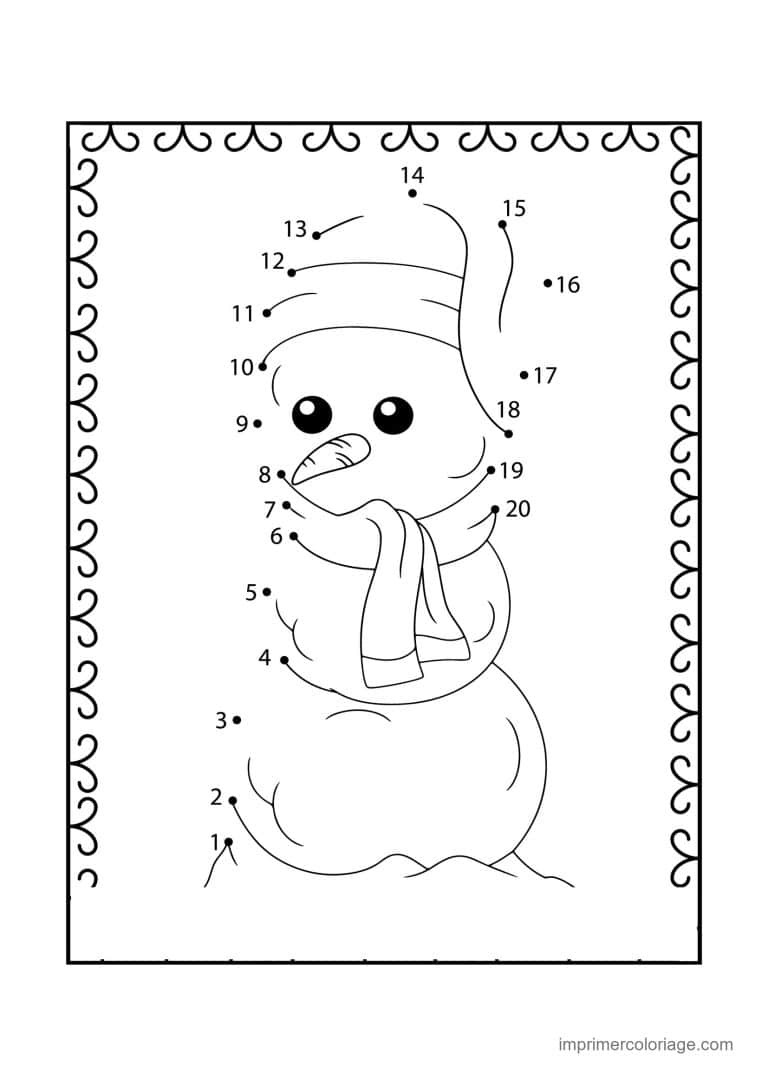point a relier grande section 1 a 20 bonhomme de neige en echarpe - dessin gratuit &agrave; imprimer