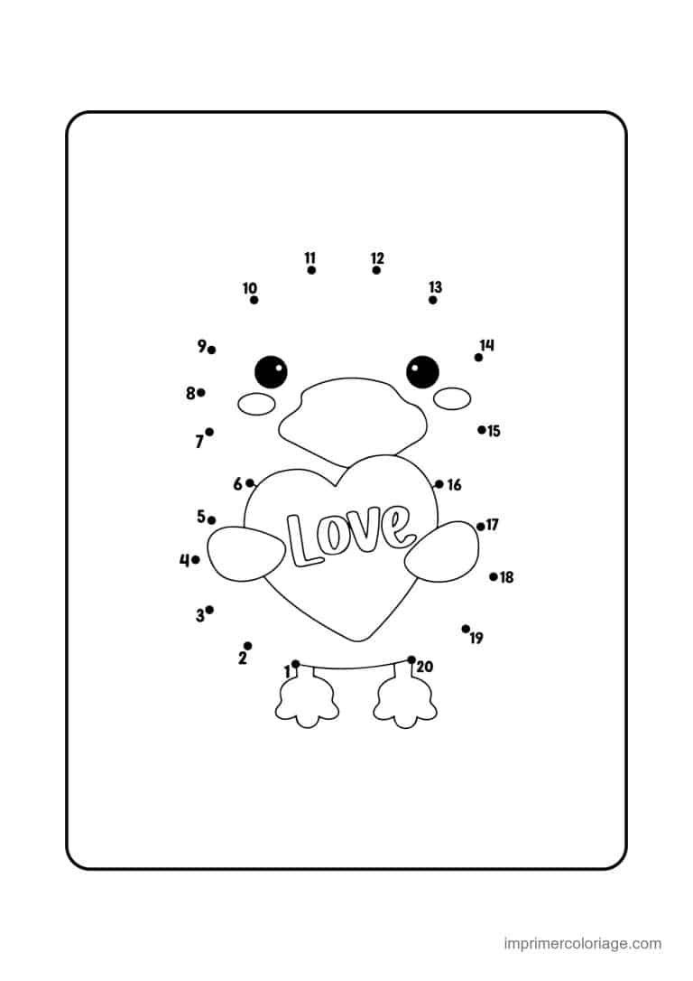 point a relier grande section 1 a 20 canard avec un coeur love - dessin gratuit &agrave; imprimer