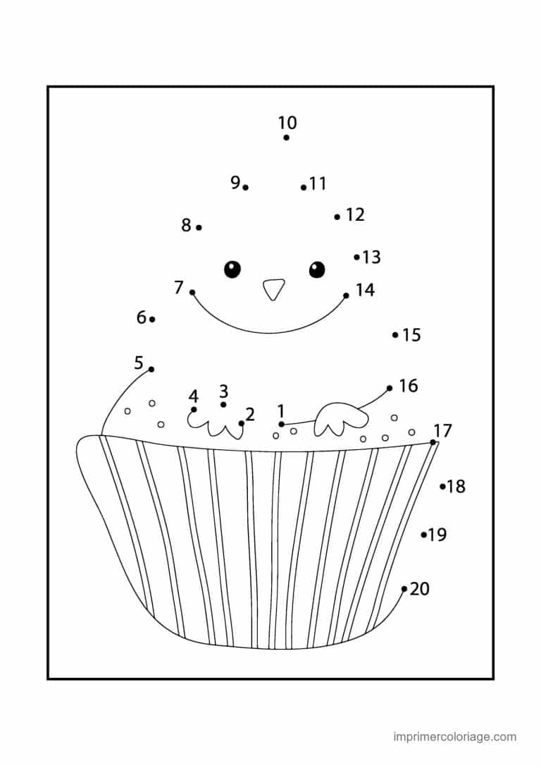 point a relier grande section 1 a 20 cupcake poussin - dessin gratuit &agrave; imprimer
