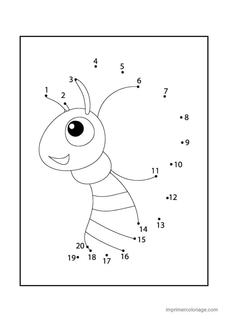 point a relier insecte 1 a 20 fourmi souriante - dessin gratuit &agrave; imprimer