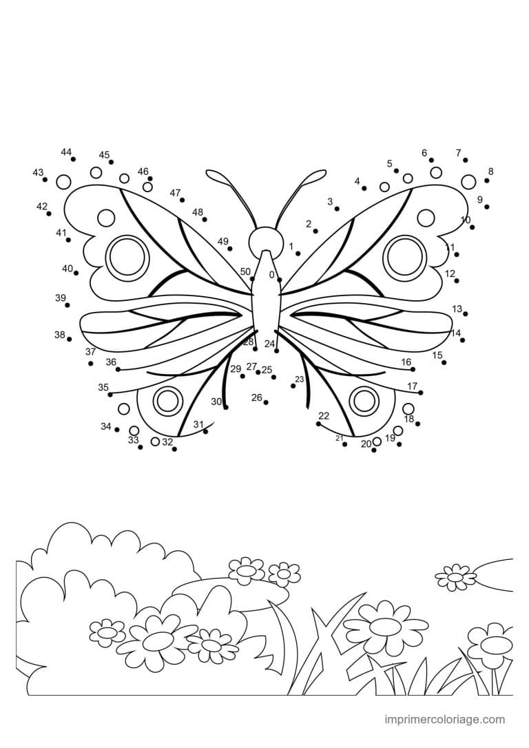 point a relier insecte 1 a 50 papillon aux ailes ocellees - dessin gratuit &agrave; imprimer