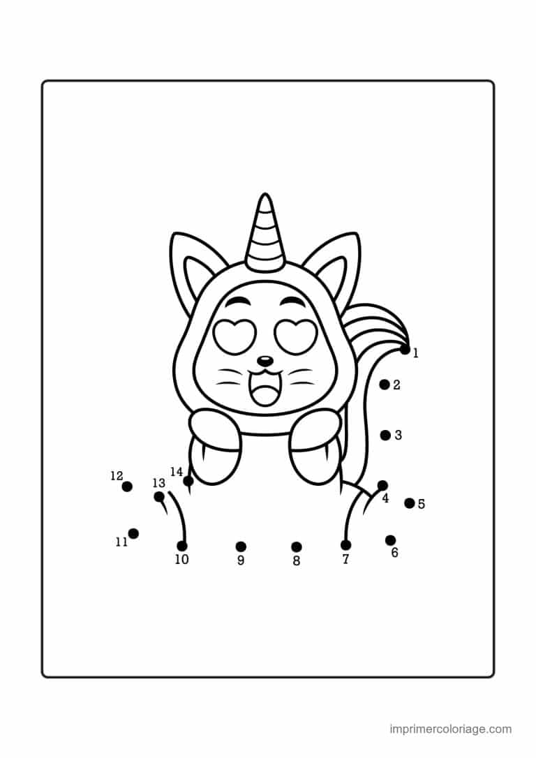 point a relier licorne 1 a 14 chat licorne aux yeux en coeur - dessin gratuit &agrave; imprimer