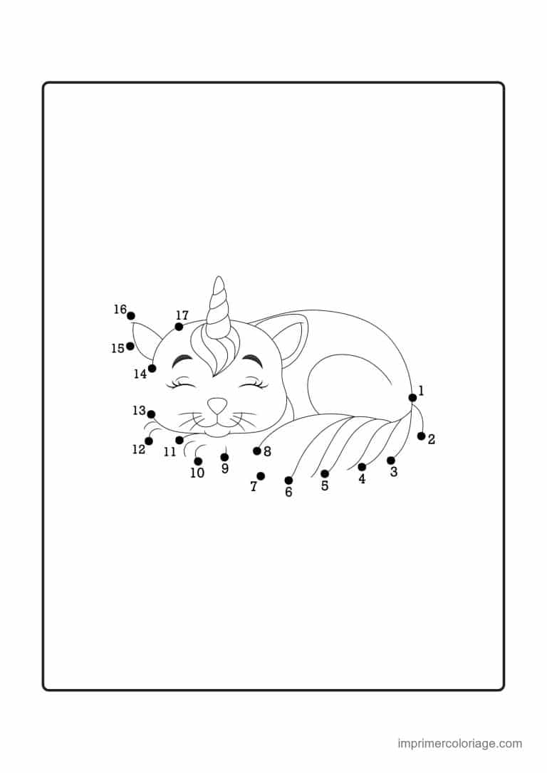 point a relier licorne 1 a 17 chat licorne couche - dessin gratuit &agrave; imprimer