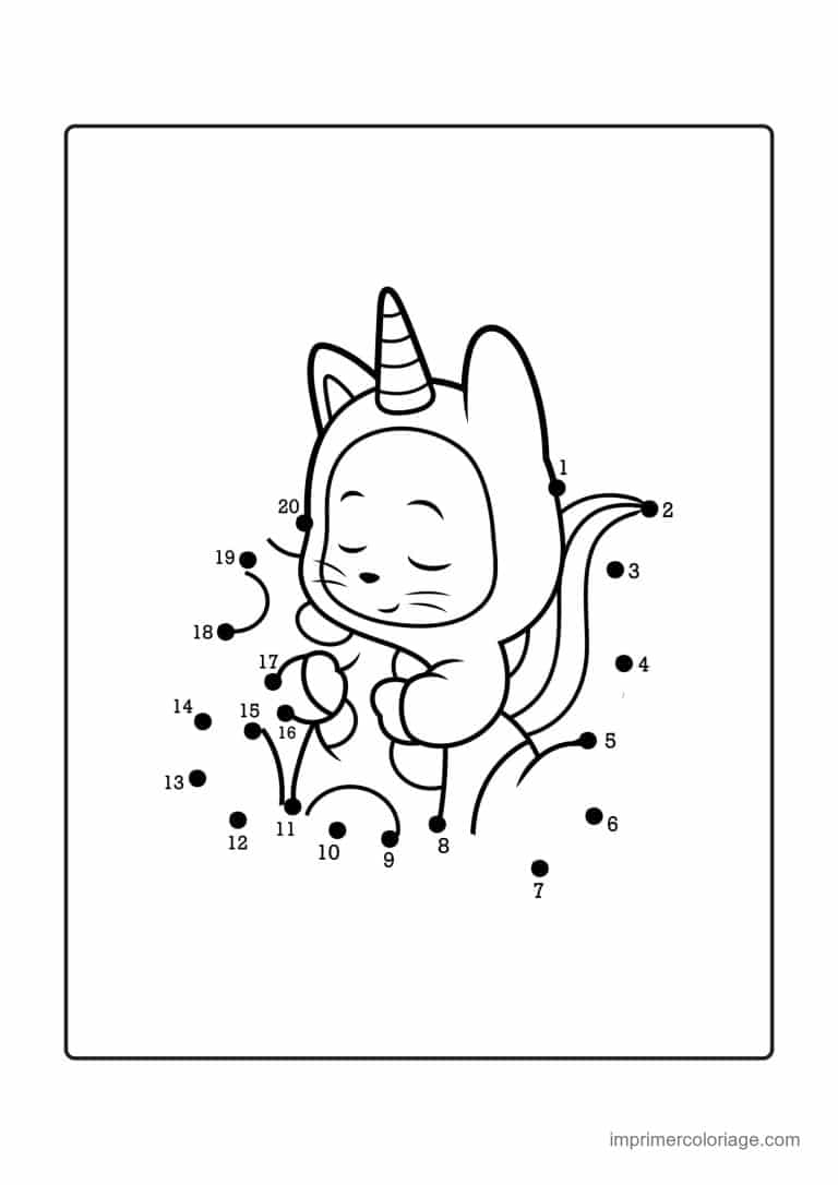 point a relier licorne 1 a 20 chat licorne endormi - dessin gratuit &agrave; imprimer