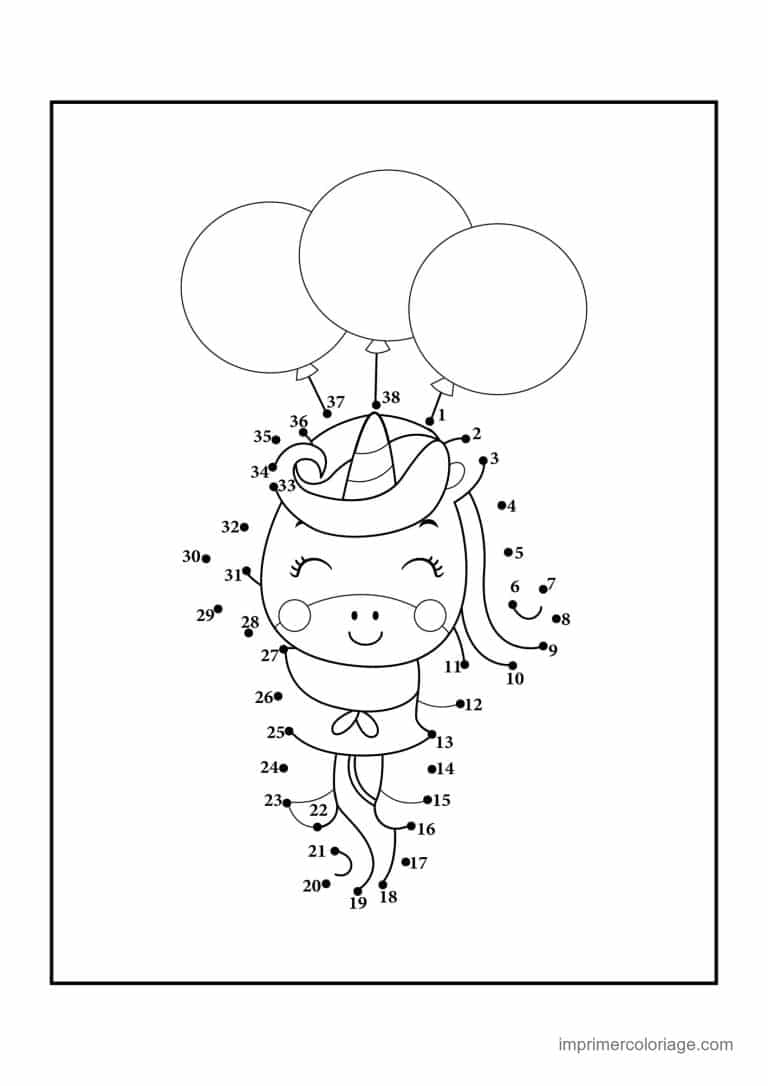 point a relier licorne 1 a 38 licorne avec des ballons - dessin gratuit &agrave; imprimer
