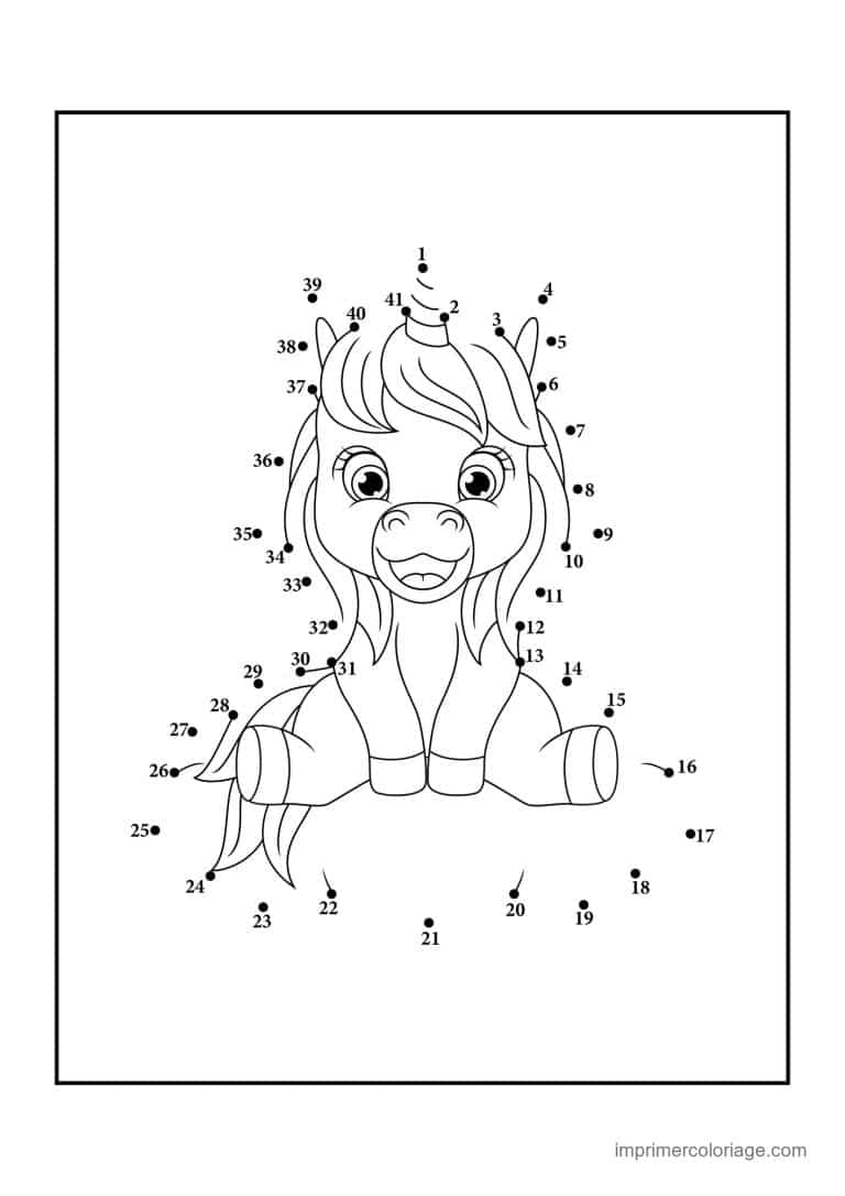 point a relier licorne 1 a 41 licorne joyeuse - dessin gratuit &agrave; imprimer