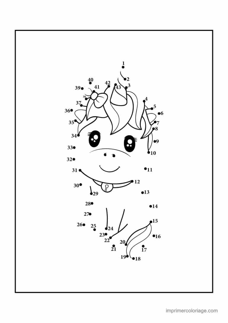 point a relier licorne 1 a 43 tete de licorne avec noeud - dessin gratuit &agrave; imprimer