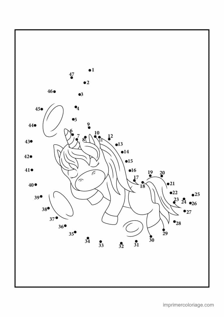 point a relier licorne 1 a 47 licorne allongee - dessin gratuit &agrave; imprimer