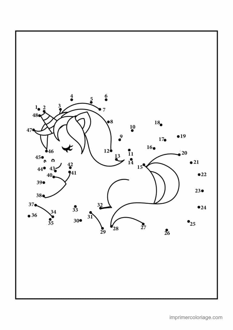 point a relier licorne 1 a 48 licorne de profil - dessin gratuit &agrave; imprimer
