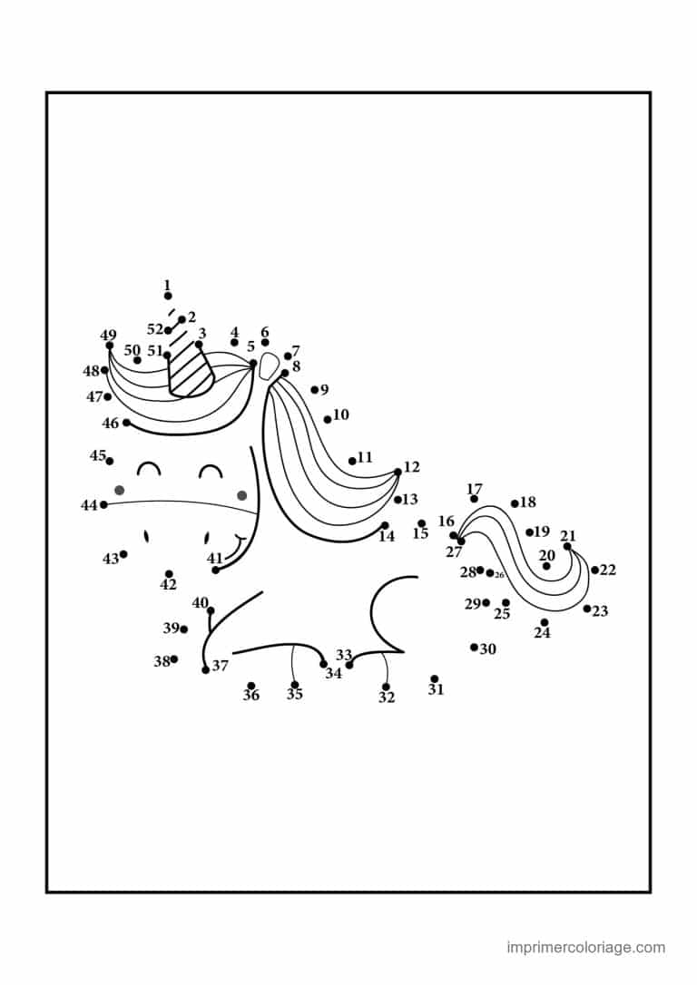 point a relier licorne 1 a 52 licorne aux joues roses - dessin gratuit &agrave; imprimer