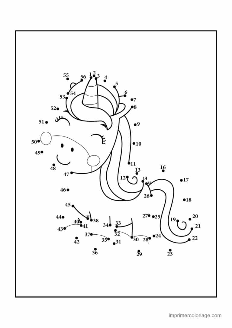 point a relier licorne 1 a 56 licorne aux longs cils - dessin gratuit &agrave; imprimer