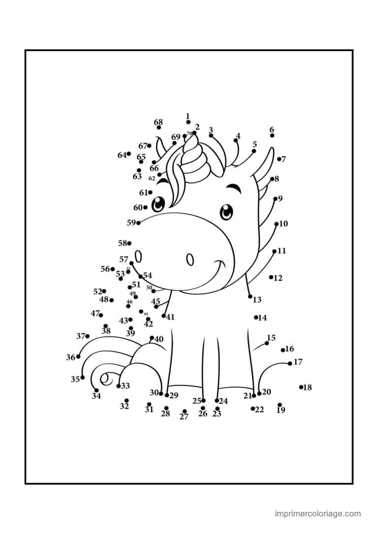 point a relier licorne 1 a 68 licorne debout de face - dessin gratuit &agrave; imprimer
