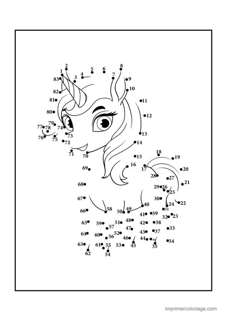 point a relier licorne 1 a 83 tete de licorne aux longs cils - dessin gratuit &agrave; imprimer