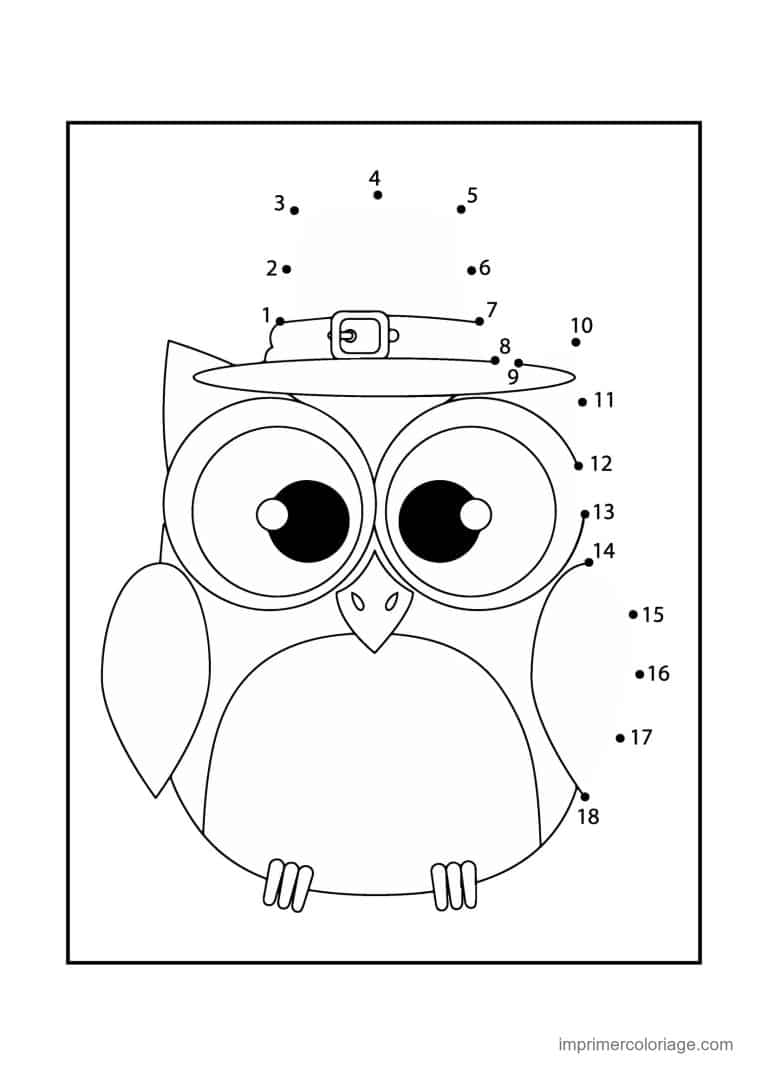 point a relier oiseau 1 a 18 hibou avec chapeau - dessin gratuit &agrave; imprimer