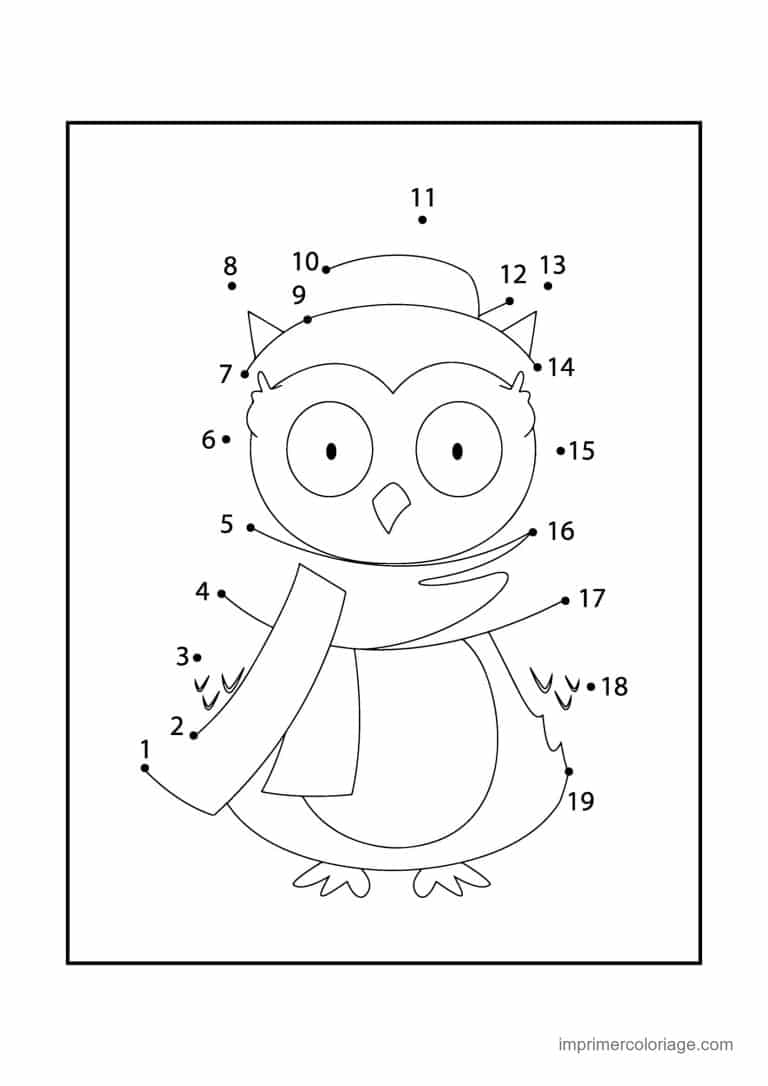 point a relier oiseau 1 a 19 hibou avec echarpe - dessin gratuit &agrave; imprimer