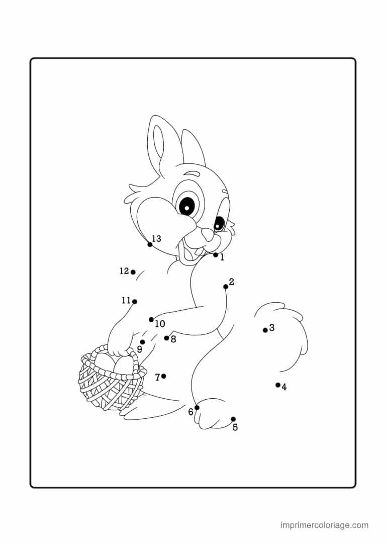 point a relier paques 1 a 13 lapin avec un panier tresse - dessin gratuit &agrave; imprimer