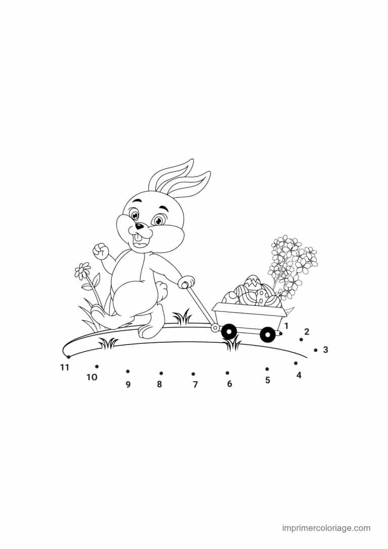 point a relier paques 1 a 13 lapin avec une brouette de fleurs - dessin gratuit &agrave; imprimer