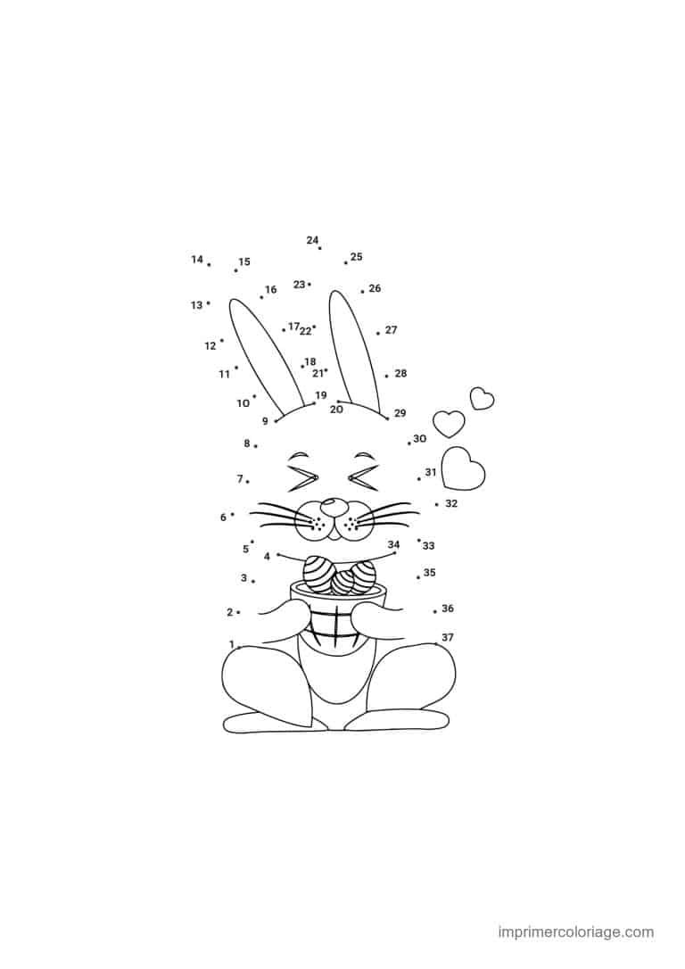 point a relier paques 1 a 37 lapin assis avec un noeud - dessin gratuit &agrave; imprimer