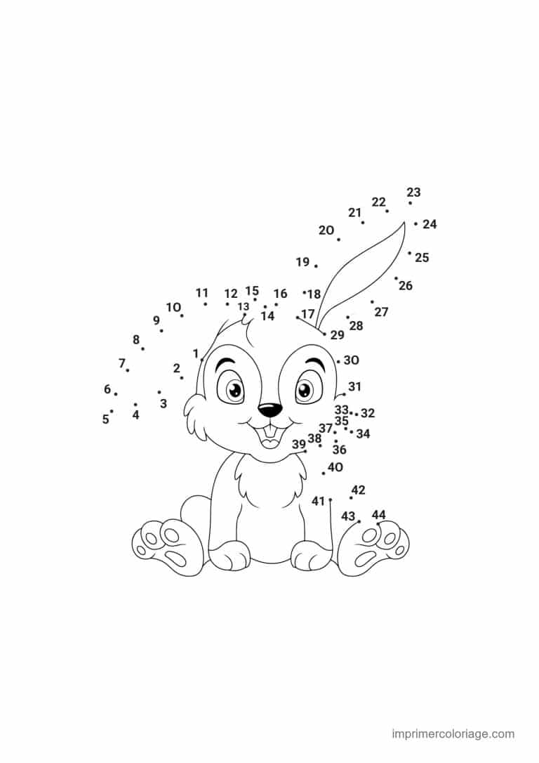 point a relier paques 1 a 43 lapin assis souriant - dessin gratuit &agrave; imprimer